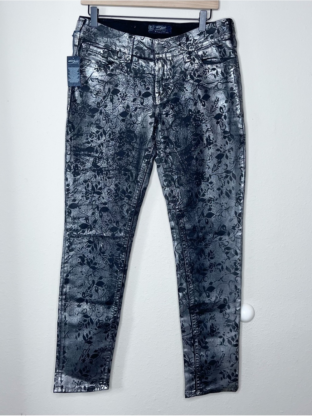 Silver Jeans Black Suki Mid Rise Slim Skinny Metallic Floral Foil Women W30 L31